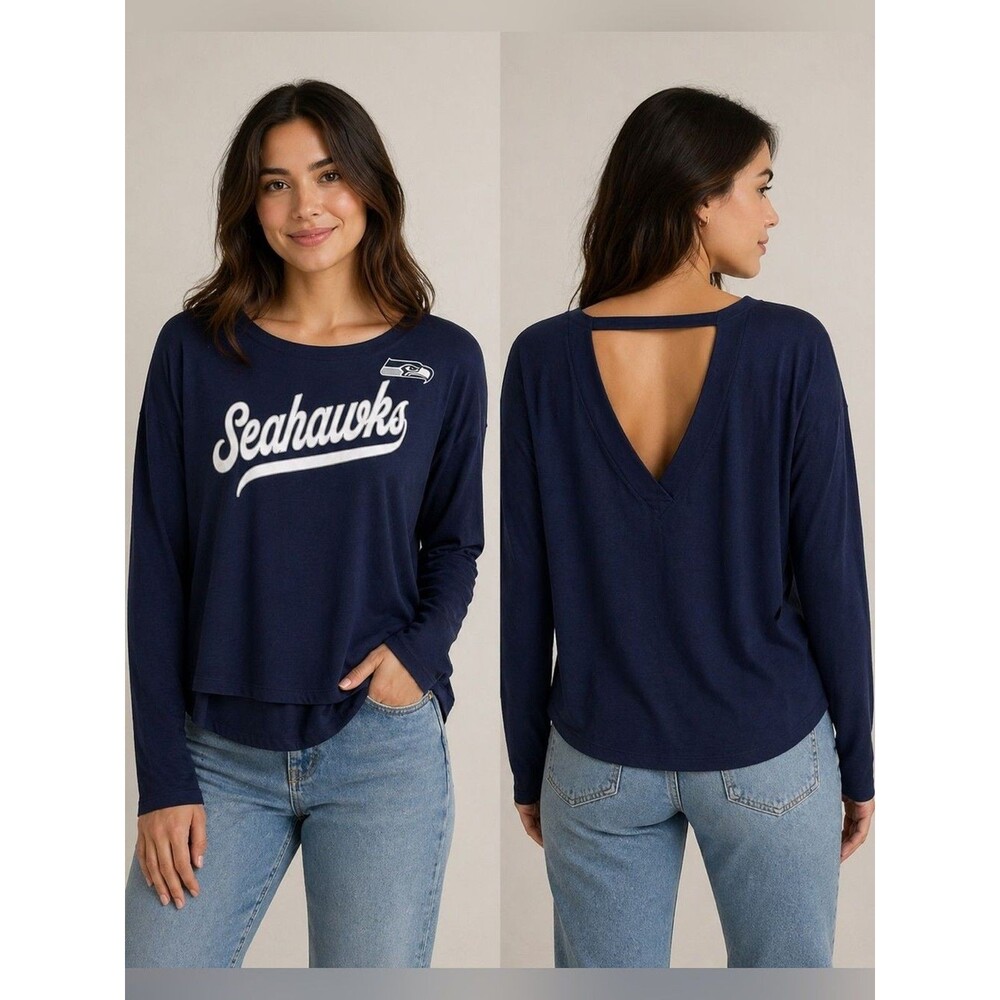 NWT Fanatics Seahawks Women Small Navy Script Long Sleeve Tee Choker Back Detail
